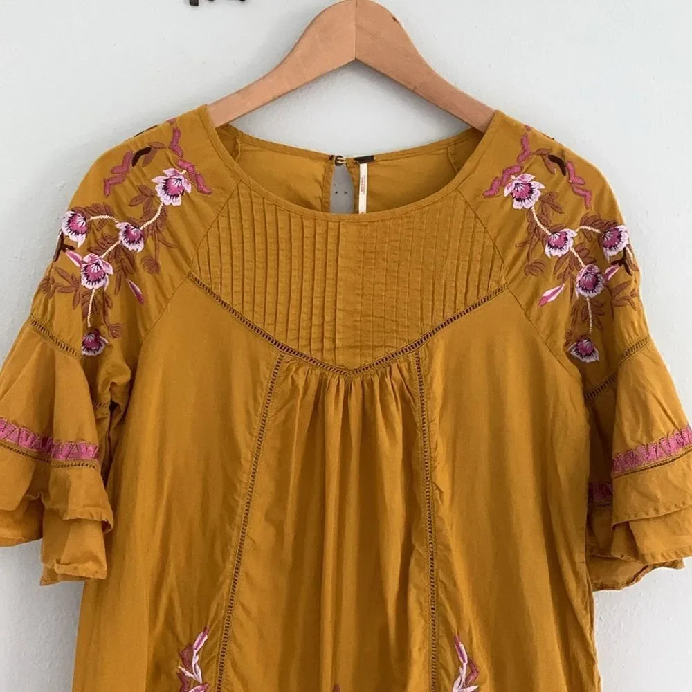 Free People Pavlo mustard yellow boho hippie floral embroidered mini dress small